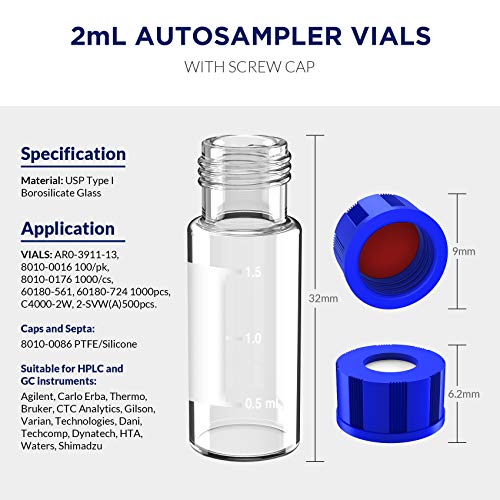 Image of 2mL Autosampler Vials, 9-425 HPLC /GC Clear Vials with Screw Cap, 500 Pcs | 2mL HPLC Vials with Writing Area and Graduations, Screw Cap, Red PTFE & White Silicone Septa