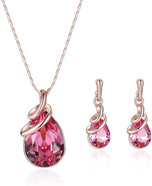 Jewellery sets for women Pink Teardrop Pendant Bridal necklace and earring sets Rose Gold Embellished with Opal Fashion Wedding Jewelry Set Gift for Birthday