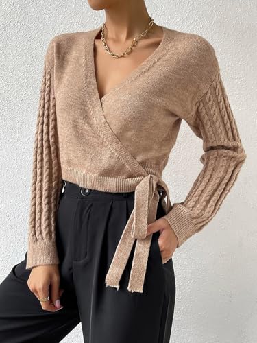 Image of ZAFUL Women's V Neck Sweater Lantern Long Sleeve Pullover Cable Knit Cross Crop Top Casual Tie Wrap Tunic Jumper Blouses