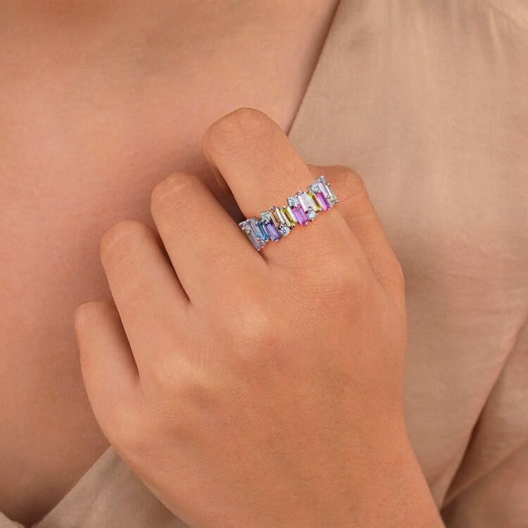 WES 925 Sterling Silver Colorful Rainbow Cubic Zirconia Eternity Rings for Women, Size 6-8 - Image 4