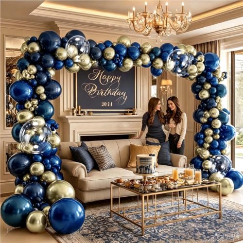 Image of Royal Blue Gold Balloon Arch Double Stuffed Latex Bobo Pearl Gold Balloon Garland Navy Ruby Blue Balloons for Birthday Baby Shower Graduation Wedding Prom Business Opening Party Decor