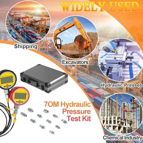 Image of 70M Digital Hydraulic Pressure Test Coupling Kit Compatible with Most Brands of Excavator Construction Machinery, Hydraulic Pressure Gauge Kit with 2 Gauges 2 Test Hoses 11 Couplings