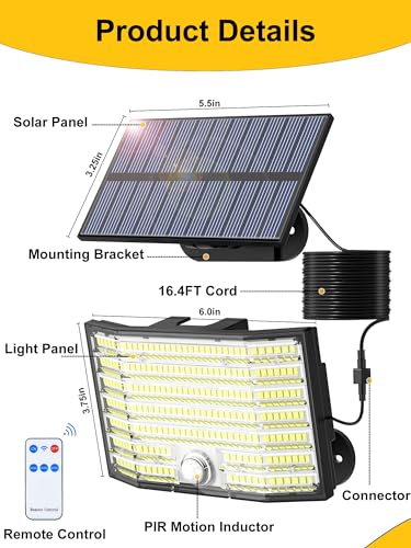 Solar Lights Outdoor, 226 LED Solar Security Lights and 3 Modes Motion Sensor Solar Powered Lights, IP65 Waterproof Split Flood Lights with Remote & 16.5Ft/5M Cable for Garden Shed Yard (White 1 Pack) - Image 3
