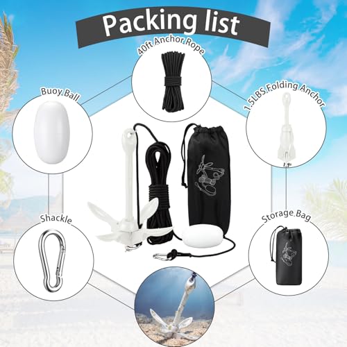 Image of MorningRo 1 Pack 1.5 /3.5 lb Marine Kayak Anchor Kit with 40ft Rope and Buoy Folding Grapnel Boat Anchor Kit Kayak Fishing Accessories for Small Boats, Canoe, SUP Paddle Boards
