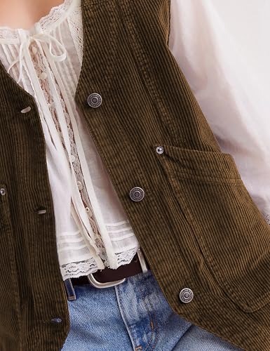 HangNiFang Casual Corduroy Vest for Women Button Down Versatile Sleeveless Outerwear Waistcoat with Pockets3