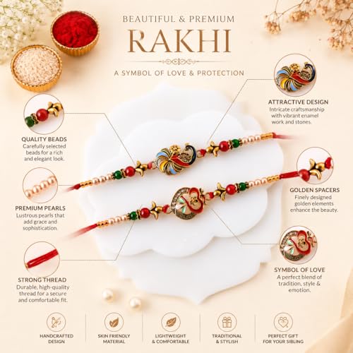 Image of CraftVatika Kundan Rakhi Set for Brother Set of 2, Designer Peacock Rakhi for Brother Boy Men, Premium Kalash Raki for Bhaiya, Traditional Rakshabandhan Rakhis with Best Wishes Card and Tillak Set