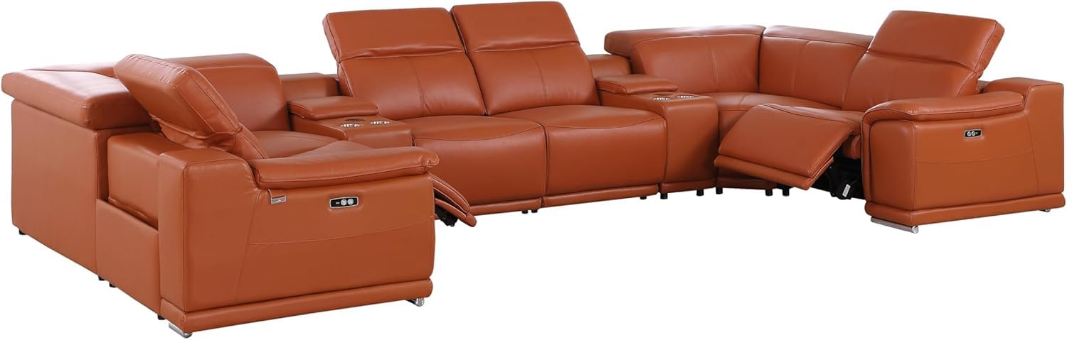BlackJack Furniture Venice 8-Piece Top Grain Italian Leather Sectional Reclining Sofa Set with 2 Power Recliners, Adjustable Headrests, USB and Wireless Phone Charger, Camel