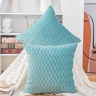 Madizz Pack of 2 Super Soft Velvet Decorative Cushion Covers with Texture Luxury Style Throw Pillow Cases Pillow Shell for Sofa Bedroom Square Aqua 18x18 inch