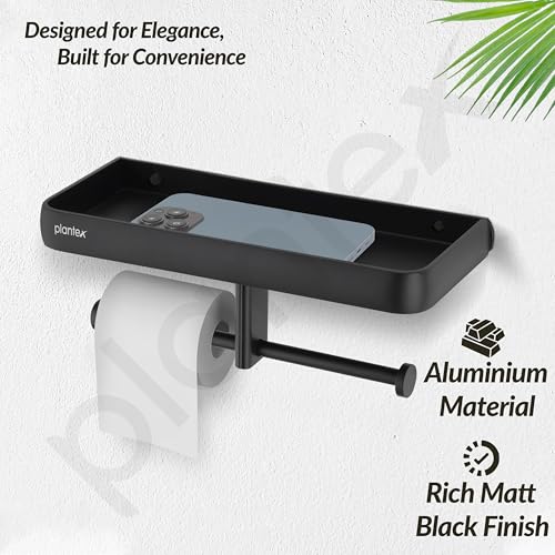 Image of Plantex Self Adhesive Aluminium Dual Toilet Paper Holder for Bathroom /Tissue Paper Roll Holder with Mobile Stand /Toilet Paper Roll Holder /Bathroom Accessories - (Black)
