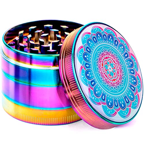 PILOTDIARY Herb Grinder Mandala Series Zinc Alloy 2.5" 4 Piece Spice Grinder with Pollen Scraper,Rainbow