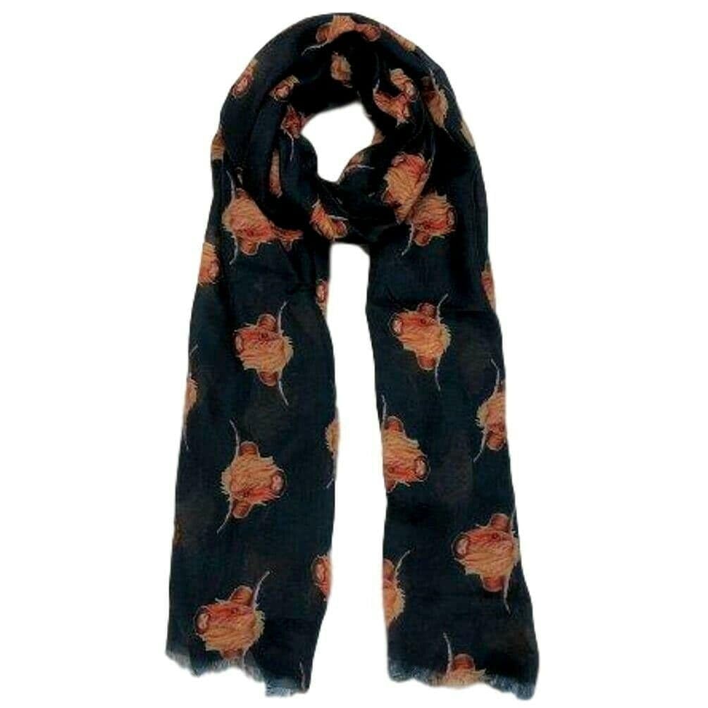 Purple Possum® Cow Scarf Ladies Highland Cows Cattle Black Cashmere Blend Lightweight Shawl Cute Wrap