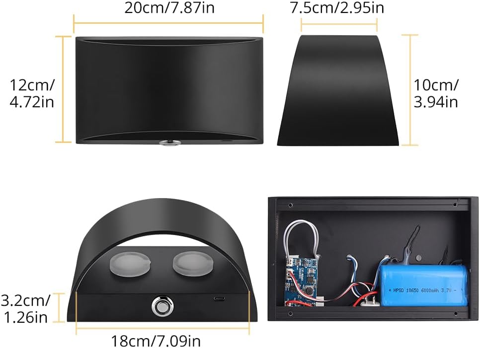 LED Wall Sconce Battery Operated, Modern Aluminum Wall Mount Light Rechargeable, Touch Control Dimmable Wall Lamp Black, Up Down Wall Lights Indoor for Living Room Bedroom Hallway Stair, Warm White