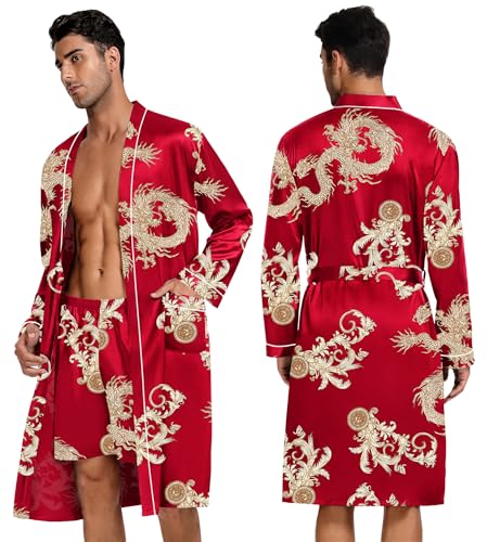 Image of SWOMOG Mens 3 PCS Satin Robe with Pants & Shorts Set Kimono Bathrobe Long Sleeve Sleepwear Pjs Sets with Pockets