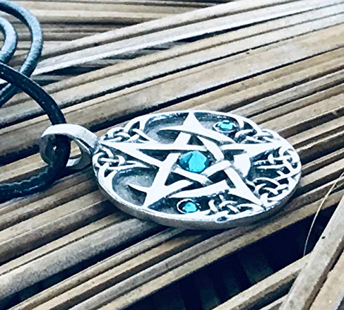Pewter Lunar Pentagram Pendant On Leather W/Swarovski Crystal Teal Blue December Birthday #TOP4