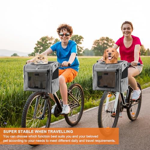 Hundekorb für Fahrrad, faltbarer 3-in-1-Haustier-Fahrradkorb, Crossbody, Schulter und Handheld für kleine und mittelgroße Haustiere bis zu 12 kg, mit stabiler L-Halterung und 4 Netzfenstern, Grau