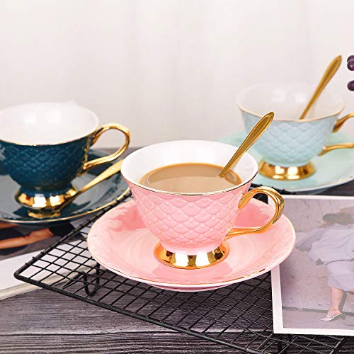 Vanenjoy Pink Vintage 8 Ounces Porcelain Coffee Cup,Tea Cup And Saucer Set And Saucer With Decorative Scale Pattern, Vintage #TOP5
