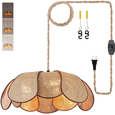 Hanging Lights with Plug in Cord, 3-Light 14.3FT Stepless Brightness Flower Shaped Hanging Lamp with On/Off/Dimmable Switch, Boho Handwoven Chandelier Rattan Pendant Light for Bedroom Nursery (Brown） Cover