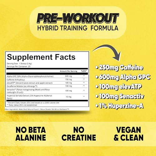 Image of Hybrid Pre Workout Powder Supplement | 250mg Caffeine | Alpha GPC | No Jitters | Energy, Focus, Power, Endurance | for Men & Women | Tried & True Ingredients | 20 Servings