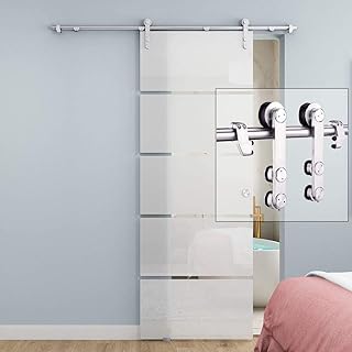 Zestaw do drzwi przesuwnych do stodoły 5ft-13ft Zestaw do zawieszania drzwi ze stali nierdzewnej do stodoły, prowadnica do drzwi przesuwnych ze szklanymi drzwiami wyciszony tor (rozmiar: zestaw pojedynczych drzwi 5ft/150cm) (zestaw pojedynczych drzwi 13ft/400cm)