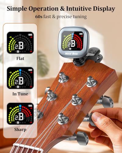 Image of New bee Guitar Tuner Rechargeable, Color Screen Clip On Tuner | 360 Rotatable, Fast & Accurate Chromatic Tuning, for Guitar, Bass, Ukulele, Violin, Cello