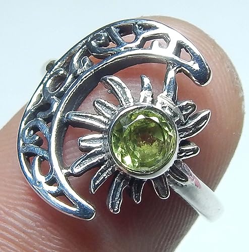 Crescent Moon And Sun Natural Peridot Round Faceted Gemstone 925 Sterling Silver Peridot Ring Jewelry for Good Luck Promise Ring Vintage Ring Birthday Gift Gift For Her3