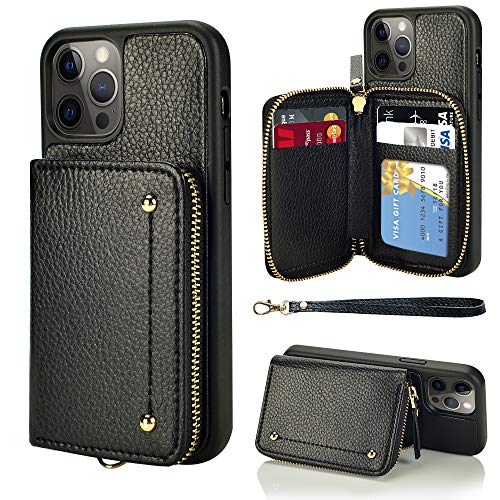 LAMEEKU Wallet Case Compatible with iPhone 12 Pro and Design for iPhone 12, Zipper Leather Case with Cards Slots Wrist Strap, Protective Cover Design for iPhone 12 Pro/12 6.1