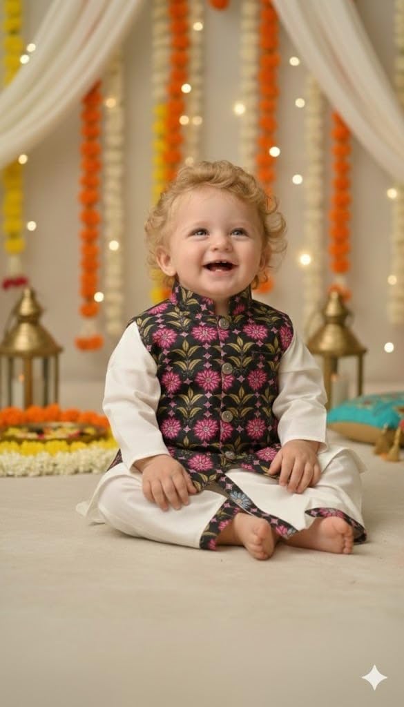 A.T.U.N. (ALL THINGS UBER NICE) Ethnisches Set Kurta Dhoti für Jungen mit Druckjacke Nehru | Indisches traditionelles Weihnachts-Kleidungsset | Elegante Kostüme zur Feier