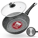 Rainberg 24cm Deep Frying Pan with Lid, Granite Frying Pan Nonstick, Cooking pan with Lid, Induction Compatible, Scratch Resistant Coating (Black, 24cm)
