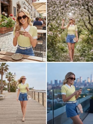 Image of Leriya Fashion Women's Ribbed Knit Polo Top - Short Sleeve Slim Fit Collared T-Shirt, Lightweight Breathable Summer Casual Blouse for Office, Daily, Vacation & Street Style