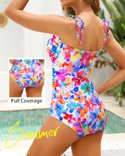 Image of Daci Women One Piece Tummy Control Swimsuits Tie Shoulder Bathing Suits