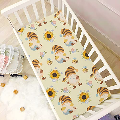 Image of Fitted Crib Sheets Cute Gnomes Bees Stretchy Portable Playard Sheets for Baby Toddler, Breathable Soft Mini Crib Mattress 52 x 28 in for Boys and Girls