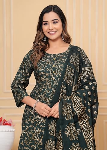 Image of PARTHVI Women's Printed Cotton Anarkali Kurta & Pant With Dupatta Set