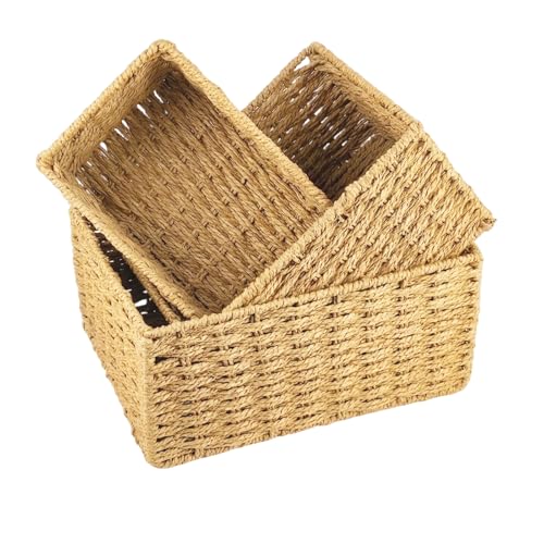 Woven Storage Baskets for Organizing, Set of 3 Natural Paper Rope Decorative Baskets, Rectangular Wicker Nesting Baskets for Shelves, Bathroom, Pantry, Closet, Kitchen, and Living Room (Natural Beige)