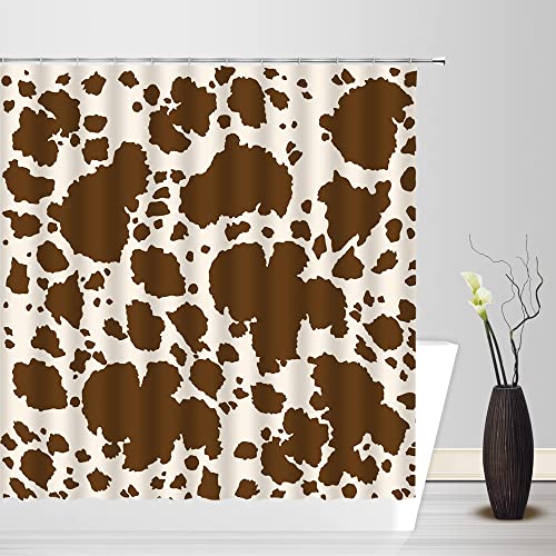 Brown Cowhide Shower Curtain Funny Farm Animal Skin Milk Cow Skin Look Cow Print Vintage Western Rustic Farmhouse Creative Fabric Bathroom Decor Curtain Sets With Hooks #TOP1