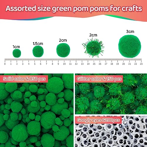 Image of Iooleem Green Pom Poms, 1200pcs Assorted Size Pompoms, Pom Poms for Arts and Crafts, Pom Pom Balls with Wiggle Eyes in jar, Glitter Pom Poms, Craft Supplies.