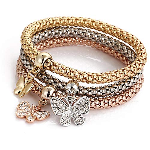 3Pcs/Set Multilayer Stretch Bracelet Butterfly Heart Key Lock Crown Charms Bangles Bracelet Crystal Charms Bracelet Gold/Silver/Rose Gold Corn Chain Multilayer Bracelets for Women Girls - Butterfly