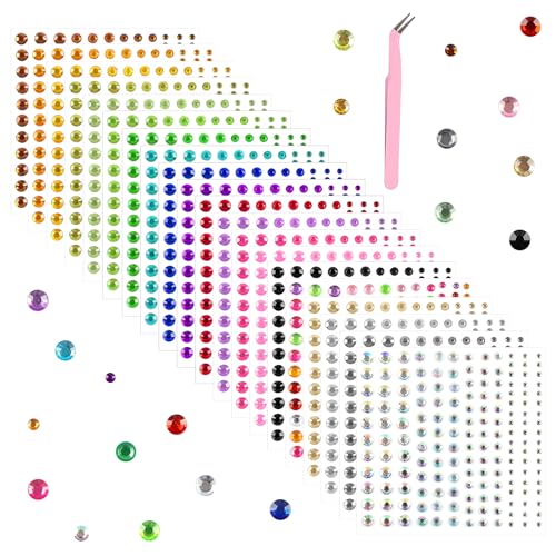 Glitzersteine Selbstklebend Bunt 3300 Stück Runde Strasssteine mit Pinzette 20 Farben 3-6mm Glitzersteine für Basteln DIY Projekte Kinder Handwerke Dekoration