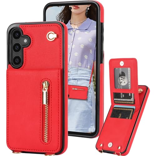 Ephoou Crossbody Wallet Case Compatible with Samsung Galaxy S23 FE with Card Holder, Purse Cover [Removable Cross Body Strap] with Stand Function for Galaxy S23 FE Zipper Case XKLL-Red
