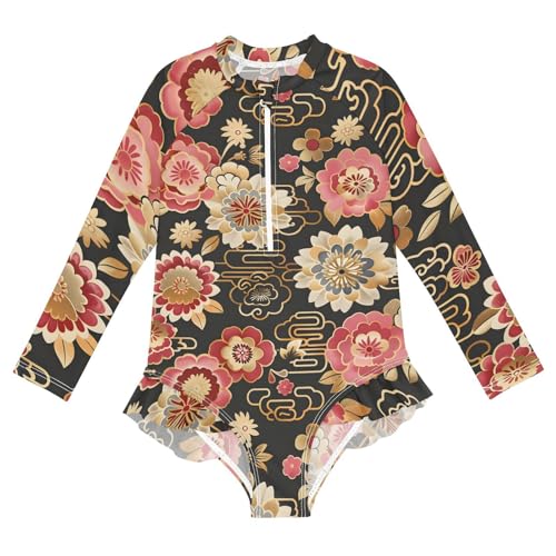 Girls One Piece Swimsuits Long Sleeve Swimsuit Zipper Bathing Suits Japanese Flower Black