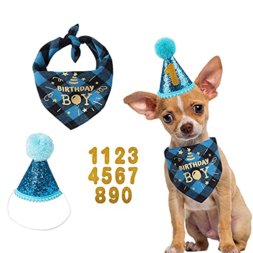 Dog Birthday Party Set, Dog Birthday Bandana Triangle Scarf with Cute Dog Birthday Number Hat Dog Birthday Banner for…