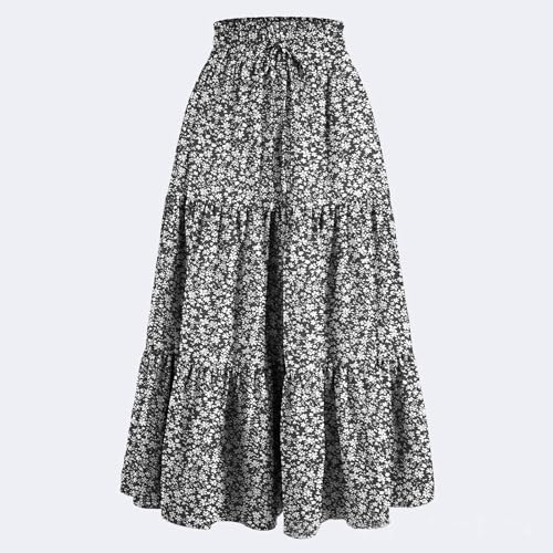 Womens Summer Casual A-Line Long Skirt Tiered High Waist Beach Outfits Elastic Waist Bohemian Print Maxi Skirt2