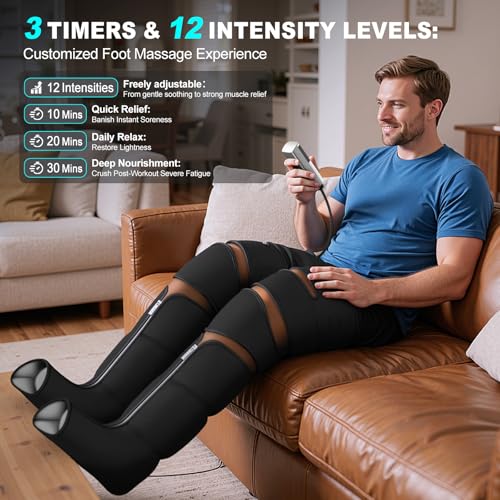 Image of Leg Compression Massager for Circulation and Pain Relief, Compression Boots with Heated Knee, 6 Modes 12 Intensities 3 Timers, Foot Calf Thigh Recovery Machine, Gifts for Man Woman, Black