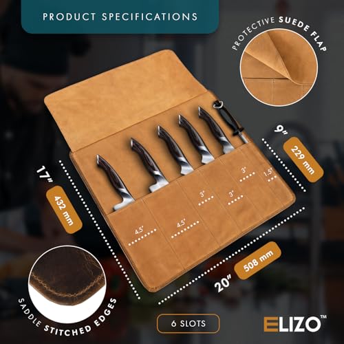 Image of ELIZO Leather Knife Roll Bag Professional Chef Knife Case, Durable Sheath Holder, Cooks & Culinary Tools Carrying Storage, Portable Wrap - 6 Slots