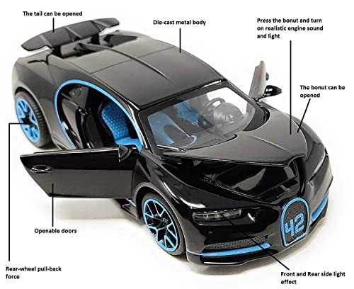 Image of DEUSON ECOM 1:32 Chiron Toy Car for Kids Diecast Metal Cars Light Sound Pull Back Openable Door Toy Cars, Black