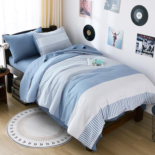 Blue Comforter Set Twin Size,Classic Striped Comforters for Boys&Girls,5 Pieces Bed in A Bag Simple Neutral-Style Bedding Sets for Kids Teen