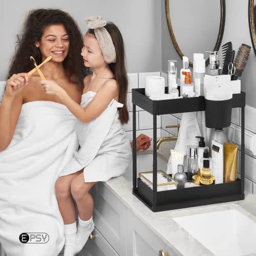 Epsy Under Sink Organizers And Storage 2 Pack - Adjustable Height 2 Tier Bathroom Organizer Under Sink With Sliding Drawers, 2 Cups, 4 Hooks, Highly Capacious Under Kitchen Sink Organizer, Black #TOP5