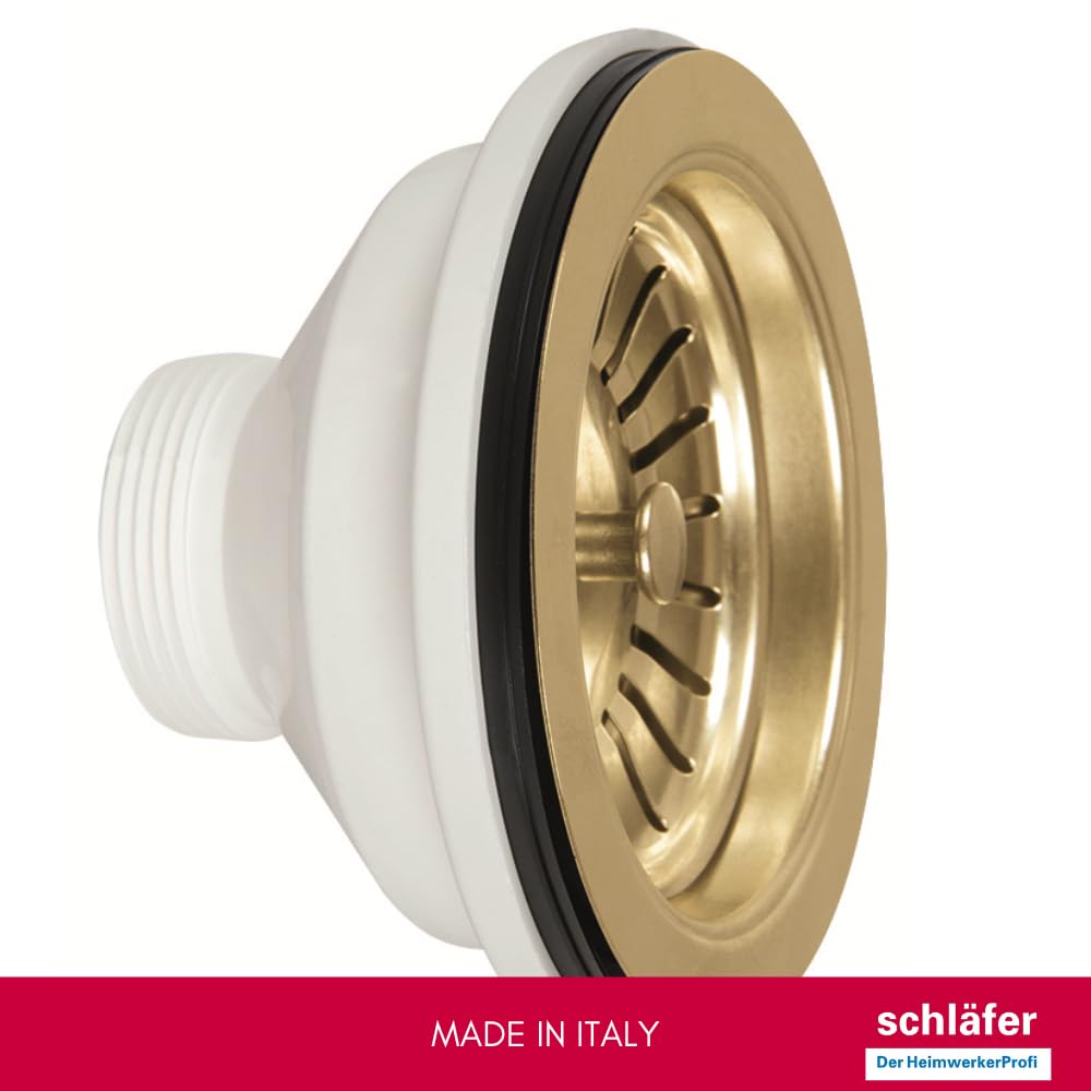 Schläfer 439728 | Piletta di Scarico per Lavabo Tipo Basket in PVD Oro, Senza Troppo Pieno, con Attacco da 1"1/2 e Foro da Ø 90mm, Pilettone Ø 114mm, Piletta Standard in Inox con Vite e Cestello