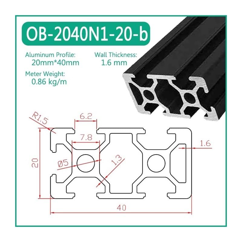 OB-2040N1-20-b Perfil De Aluminio Con Ranura En T, Marco DIY, Máquina Extrusión Riel Lineal, Metal, Sellado for Impresora 3D CNC, 1 Ud(850mm)