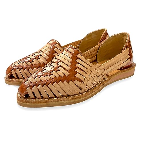 Huaraches de Piel Calzado Artesanal Mexicano, Hecho a Mano en México (Marrón y Beige Cintia, Numeric_35)