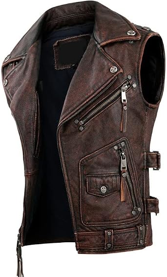 Men's Vintage Sleeveless Zipper Waistcoat Slimfit Biker Riding Genuine Leather Vest